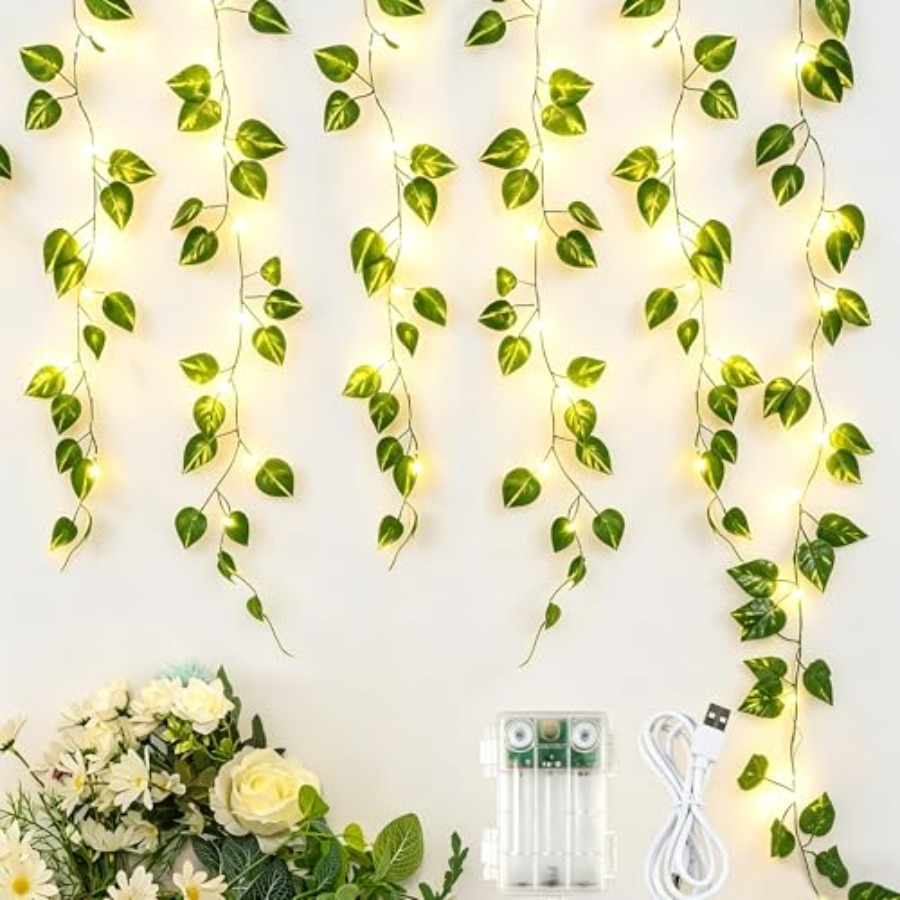 Fairy Lights Bedroom - Pothos Vines with Fairy Lights, Leaf